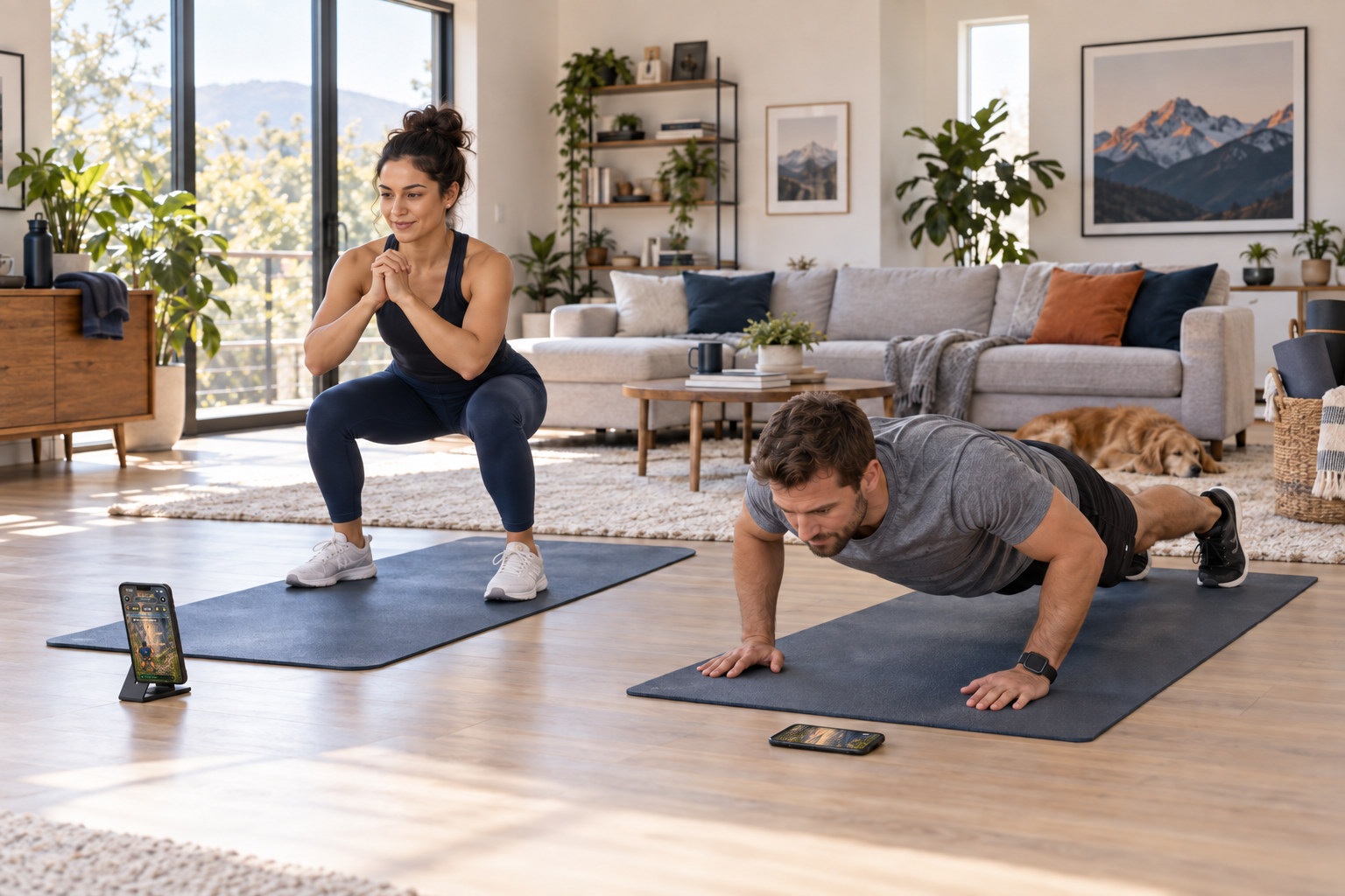 A woman doing squats and a man doing push-ups on separate mats with their phones nearby